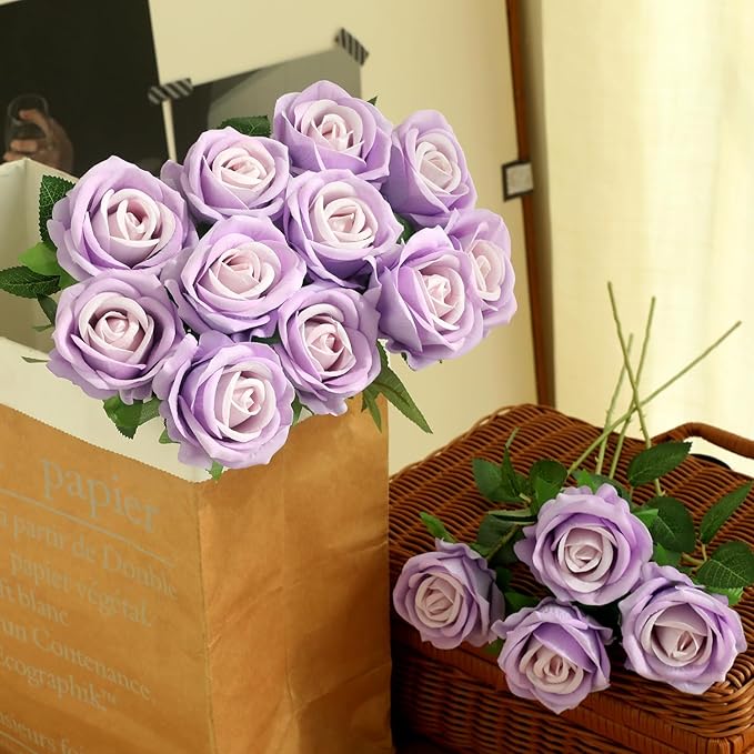 15Pcs Pearl Purple Roses Artificial Flowers Fake Roses Long Stem Velet Rose Silk Flowers for Home Wedding Decoration (Pearl Roses,Purple)