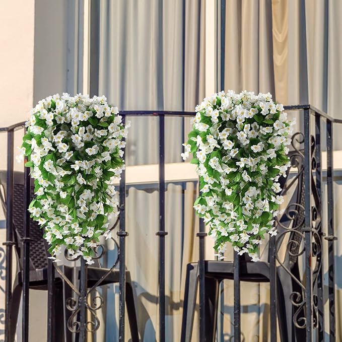 Artificial Fake Hanging Flowers Plants for Outdoor Spring Summer Decoration, 2PCS Faux Silk Violet UV Resistant Look Real Trailing Vines for Outside Home Planter Porch Patio(White)