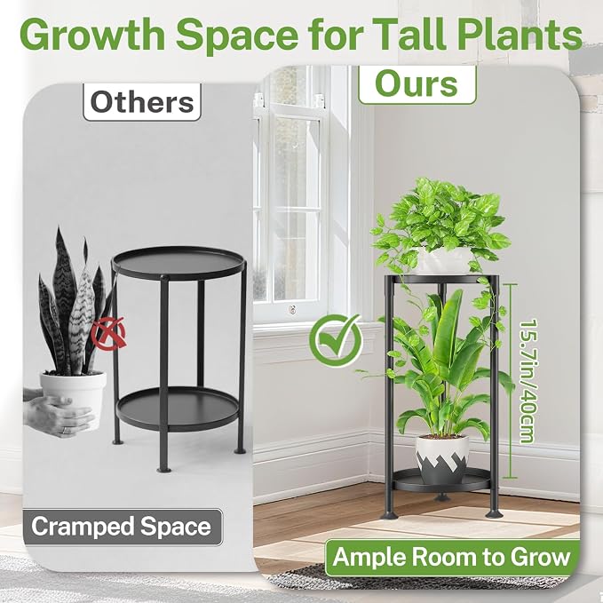 iDavosic.ly 2 Tier Plant Stand Indoor with 10 Inch Wide Tray, Tiered Corner Metal Outdoor Flower Display Holder, Vertical Tall Rack for Patio Porch Living Room, Modern Black
