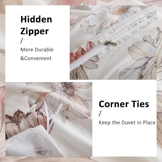 100% Cotton Duvet Cover King Size – Cream Hand-Drawn Watercolor Blooms Duvet Cover Set with Zipper Closure & Corner Ties, 3-Piece Luxury & Silky Soft Bedding Set for All Seasons