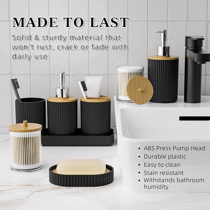 10PC Bathroom Accessories Set - Black and Wooden Bathroom Sets, Bathroom Accessory Set with Pop Up Trash Can, Toilet Brush, Trash Can, Qtip Holder & Soap Dispenser