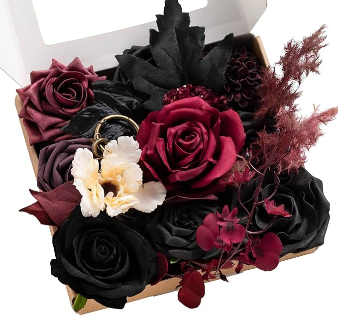 Ling's moment Fake Flowers Box, Faux Artificial Greenery Stems Foam Roses Dahlia Silk Maple Leaf Fabic Flower for Centerpieces Bouquet Wedding Vase Floral Decorations, Burgundy & Black, Mini Combo
