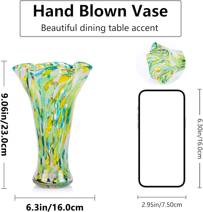 9.0"H Green Glass Vases for Flowers, Unique Hand Blown Glass Vase Green Gold Home Decor, Wide Mouth Colorful Flower Vase Centerpieces, For Living Room Table Bookshelf, Bathroom Office Shelf Decorative