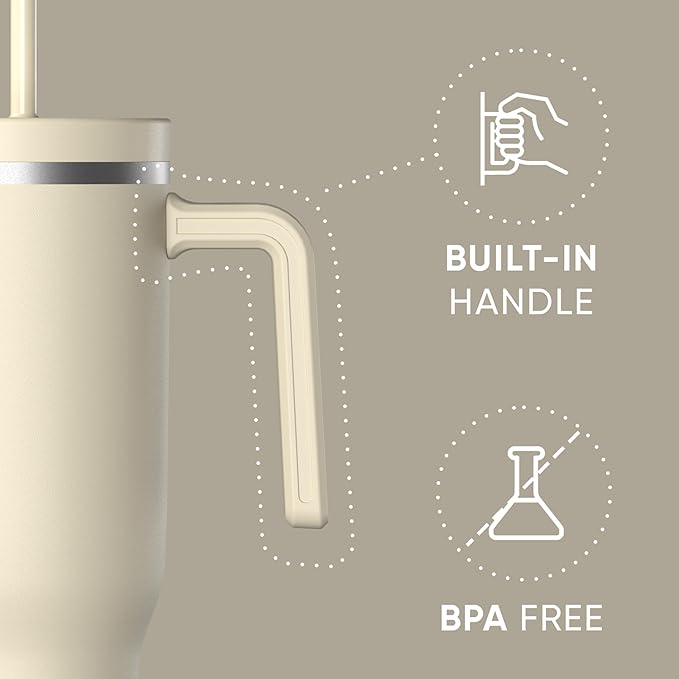 Hydrapeak Voyager 40 Oz Stainless Steel Tumbler with Handle, Insulated Water Bottle With Straw & Lid, Cupholder Friendly Reusable Travel Mug (Modern Cream)