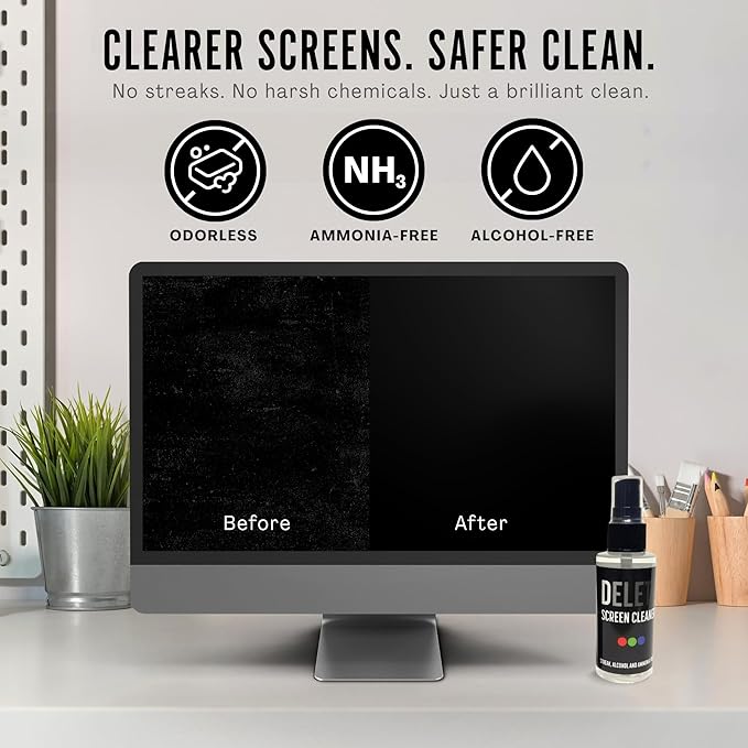 Delete Screen Cleaner Spray Kit, 2 Pack, 2oz Bottle and 2x 6"x6" Microfiber Cleaning Cloth, Streak-Free, Safe and Gentle Formula, Multi-Purpose for Travel, Small TVs, Cameras, Laptops, Phones