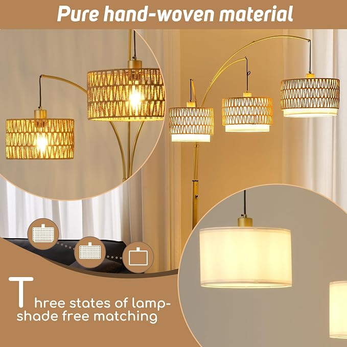Arc Floor Lamp for Living Room, 80 Inch Gold Rattan Floor Lamp with Rotary Switch, 3 Lights Boho Tall Lamp with Wicker Shade for Coastal,Bohemian,Tree Farmhouse Standing Lamp