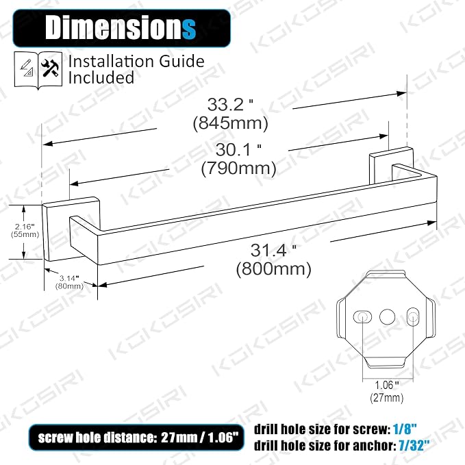 KOKOSIRI 32-Inch Single Towel Bar, Bathroom Kitchen Towel Holder, Wall Mounted SUS304 Stainless Steel Towel Rack 2 Pack, Matte Black, B4003BK-L32-P2