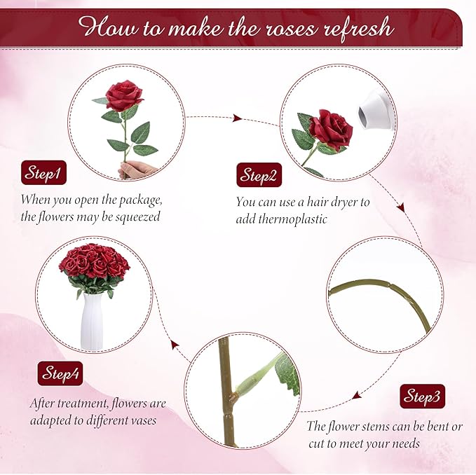 Lyrow 200 Pcs Artificial Roses Realistic Flowers Bulk Real Looking Fake Silk Rose Bouquets with Long Stem Flowers for Wedding Table Centerpieces Bridal Shower Party Home Garden Decor (Wine Red)