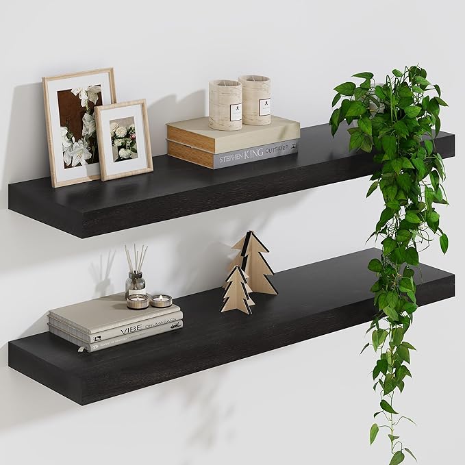 Solid Wood Floating Shelves For Wall, 24”W x 9”D x 1.56”H Large Wall Shelves for Living Room Bedroom Bathroom Kitchen Drcor Storage with Invisible Heavy-Duty Metal Bracket, Carbonized Oak, 2 Pack