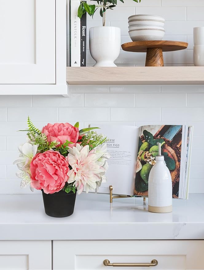 Hot Pink Artificial Flowers Small Fake Flowers in Vase Peonies Dahlia Tiger Lily Potted Silk Flower Arrangements Faux Plants & Flowers Home Bathroom Kitchen Table Centerpieces Desk Decor