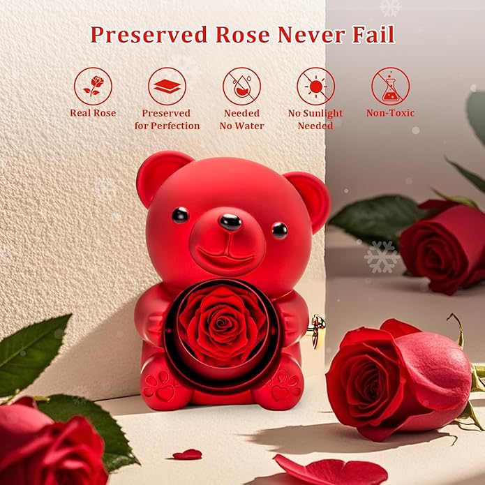 HITOP Rose Gifts for Women - Cute Teddy Bear with Preserved Real Roses Forever Flowers and I Love You in 100 Languages Necklace for Girlfriend Her Wife Mom Grandma on Birthdays, Anniversaries