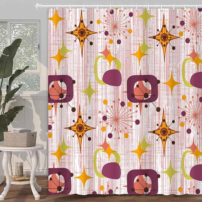 Mid Century Shower Curtain, 72x72inch, Modern Abstract Retro Red Striped Geometric Shower Curtain Sets 1950s Boho Bathroom Shower Curtain with 12 Hooks