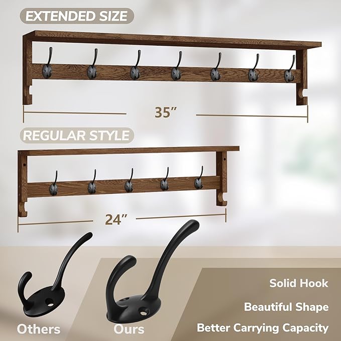 AMBIRD Coat Rack Wall Mount, 35 Inch Extra Long Wall Hooks with Hanging, Wooden Shelf with 7 Metal Hooks 2 Side Hooks, Wall Key Holder with Shelf in Entryway, Kitchen, Bathroom, Living Room, Bedroom