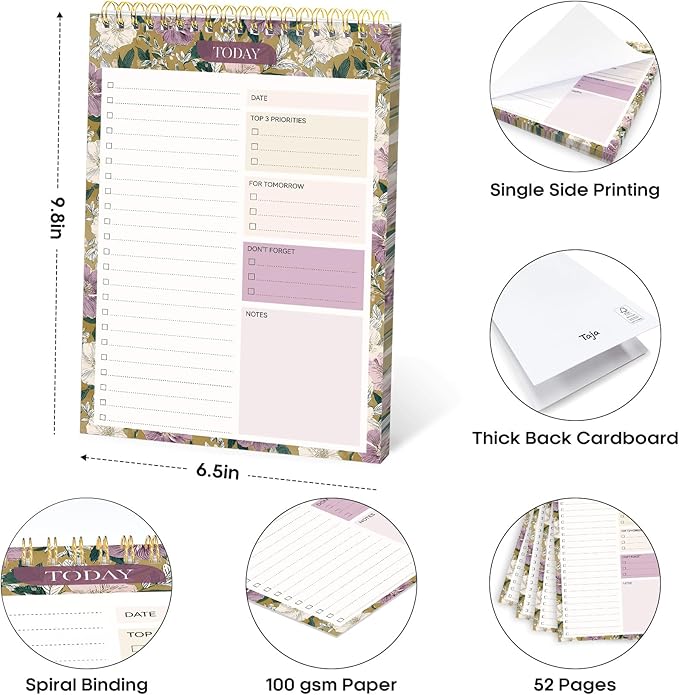 Taja To Do List Notepad - To Do List Notebook for Work with 52 Sheets, 9.8" x 6.5", Undated Daily Planner Perfect for Daily Tasks and Goal Setting, Notepad Suitable for Office, Home & School - Twilight Garden