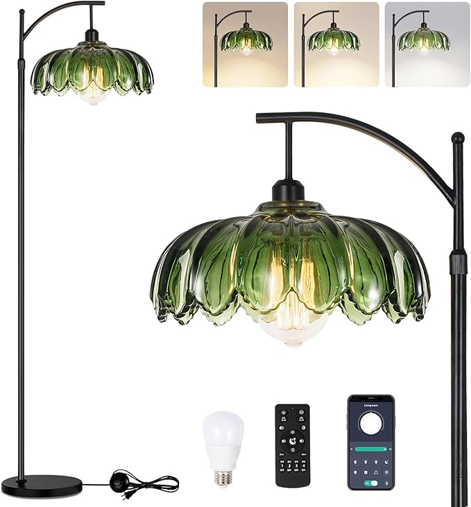 QIYIZM Glass Floor Lamp for Living Room,Bedroom,Gold Dimmable Standing Lamp with Remote,Mid Century Modern Brass Tall Lamp Boho Vintage Retro Floor Lamps Arc Green Flower Floor Light Lamp Bohemian