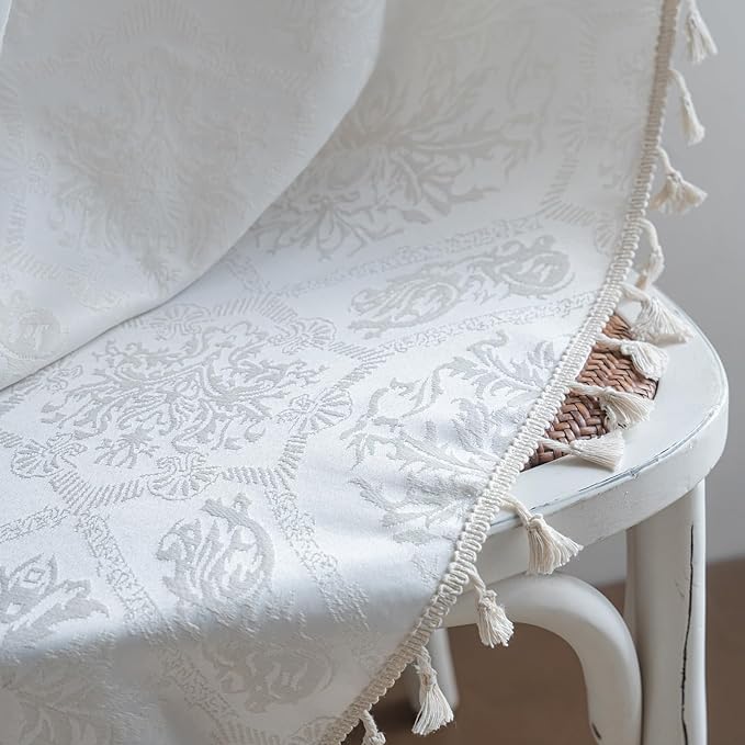 ENJOYBRIDAL Cream Damask 84 Inch Curtains for Living Room Semi Sheer Drapes Bedroom Medallion Patterned Floor Length Window Curtain Panels Jacquard Rod Pocket 2 Panels Dining Room Window Treatments