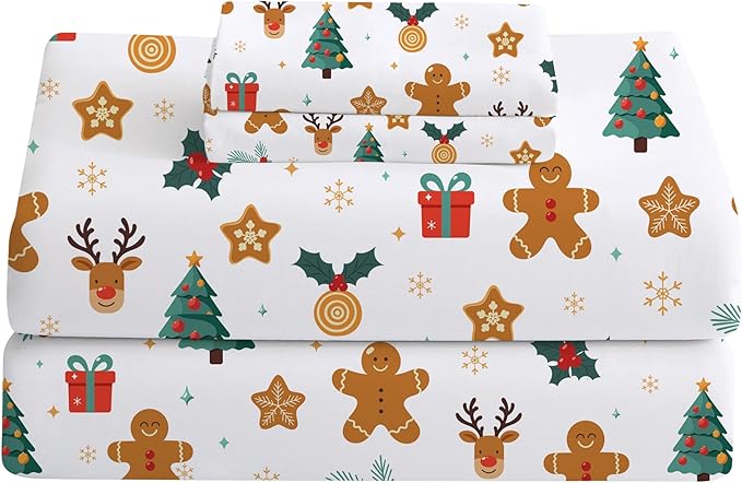 Softan Christmas Holiday Queen Size Sheet Set, Printed Microfiber Fitted Bed Sheet with 15" Deep Pocket & Non-Slip Straps, Snowflake Reindeer Patterned Sheets & Pillowcase Set