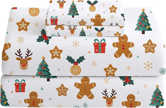 Softan Christmas Holiday Queen Size Sheet Set, Printed Microfiber Fitted Bed Sheet with 15" Deep Pocket & Non-Slip Straps, Snowflake Reindeer Patterned Sheets & Pillowcase Set