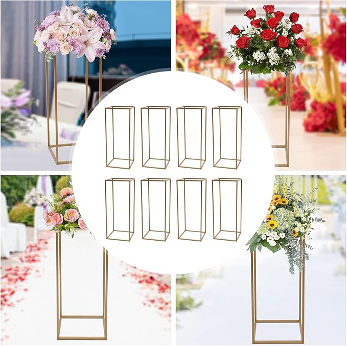 10PC 31.5" Flower Stand for Wedding Metal Cylinder Stands for Party Rectangular Gold Centerpieces Flower Vase Gold Pedestal Columns for Weddings Indoor Outdoor Flower Plant Stand Decoration