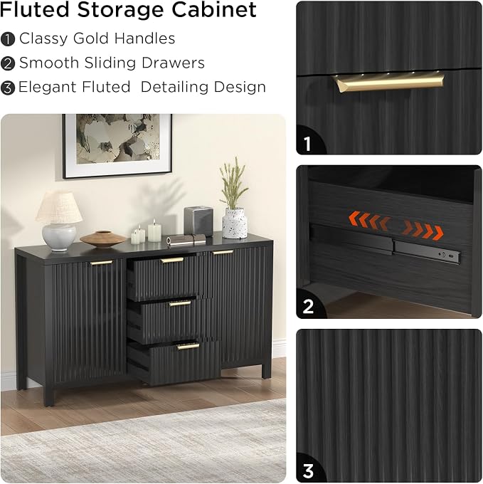 47.2" Fluted Sideboard Buffet Cabinet, Modern Black Credenza with 2 Drawers & 2 Doors, 3-Level Adjustable Shelves, Waterproof Top, Gold Handles, Kitchen Entryway Living Room Storage (Glossy Black)