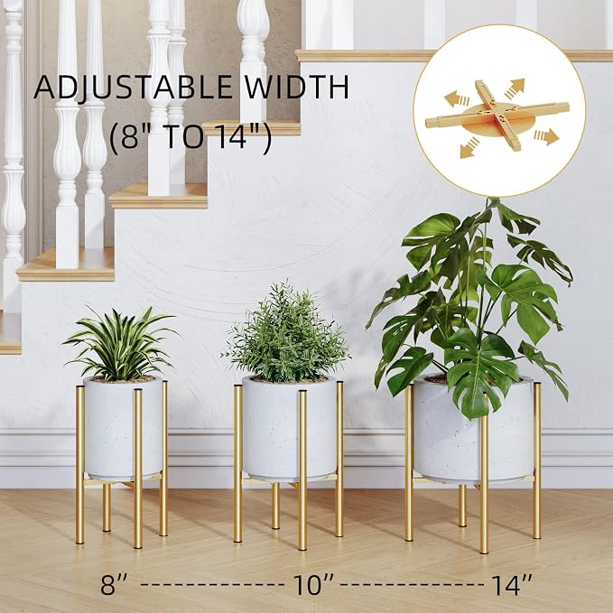 Adjustable Metal Plant Stand Indoor, Fits 8-14 Inch Pots, Mid Century Modern Gold Planter Holder,2 Heights, Heavy Duty 160 lb, Indoor Outdoor Corner Floor Pot Stand, Golden with Round Plate 2 Pack