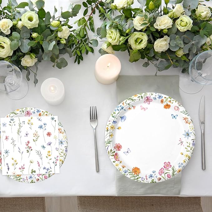 175 PCS Spring Wildflower Party Decorations include Plates, Cups, Napkins, Cutlery, Cake Toppers, Banner, Tablecloth, Balloons for Floral Baby Shower Birthday Decorations, Serves 20