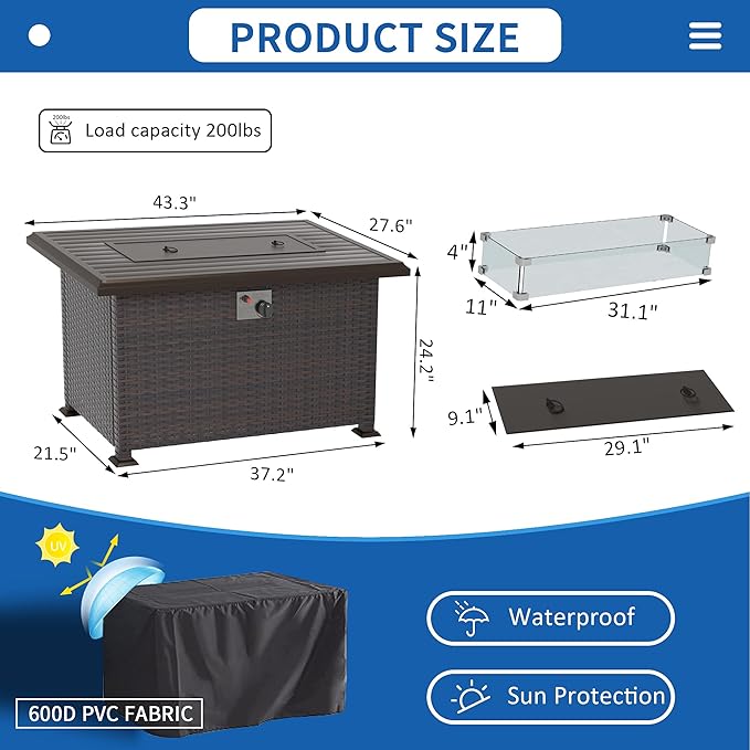 Kullavik 43" Propane Fire Pit Table,55000 BTU Auto-Ignitiongas Gas Fire Table with Fire Glass and Lid,Waterproof Cover and Blue Glass Stone for Patio,Balcony,Garden
