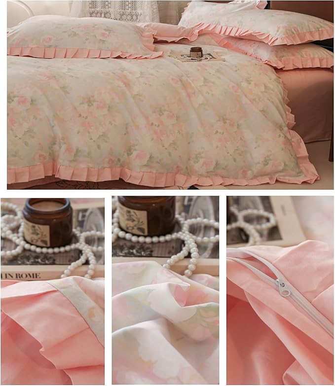 LifeTB Girls Duvet Cover Pink Ruffle Duvet Cover Twin Vintage Flower Bedding Set 100% Cotton Romantic Lace Comforter Cover Princess Bedding Botanical Flower Comforter Cover Aesthetic Lace Bedding Set