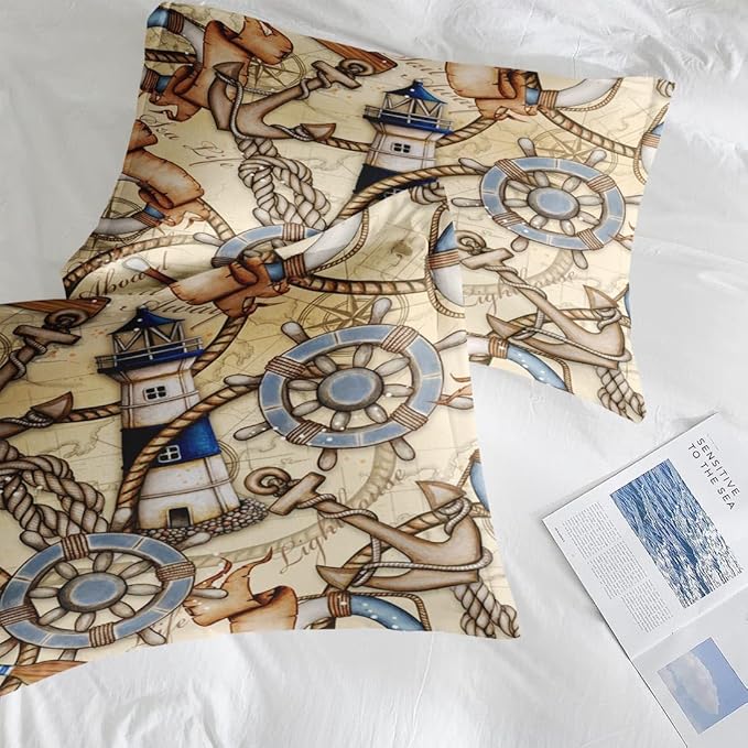 Comforter Set Full Size, Retro Nautical Lighthouse Map 7 Pcs Bedding for Kids and Adults, Vintage Anchor Beige Bed Sheet Sets with Fitted Sheet 2 Pillowcase & 2 Sham for Bedroom Bed Decor