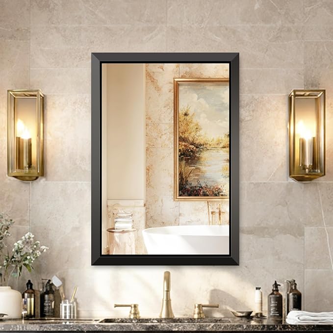 USHOWER 24x32 Inch Floating Bathroom Mirror - Brushed Black Wall Mirror for Over Sink, Beveled Aluminum Frame, Anti-Rust, Rectangular HD Reflection Small Vanity Mirror(Copper-Free Silver Coating)