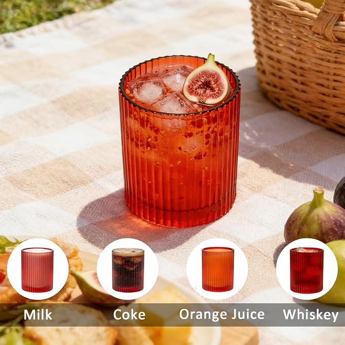 14 oz Ribbed Drinking Glasses Set of 6, High Clear Vintage Iced Coffee Cups Elegant Glassware, Highball Glass Cups Ridged Glass Tumbler for Cocktail, Whiskey, Beer, Water, Juice, Origami Style Red