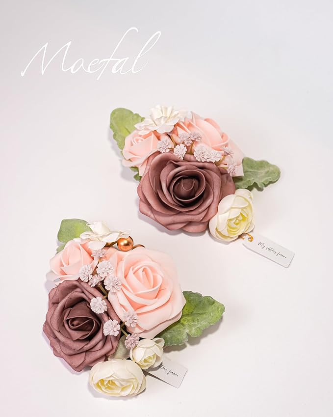 2 Pcs Artificial Flower Wrist Corsage Set, Elastic Wristlet for Prom Wedding Bridesmaid Homecoming Party Anniversary Decoration (Dusty Rose)