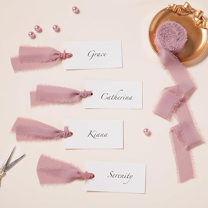 DORIS HOME Burgundy and Pink Chiffon Ribbon for Flower Bouquet, 1" x21Yd Fabric Ribbon for Gift Wrapping, Handmade Frayed Ribbon for Wedding Invitations/Christmas Decorations