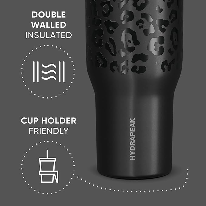 Hydrapeak Voyager 40 Oz Stainless Steel Tumbler with Handle, Insulated Water Bottle With Straw & Lid, Cupholder Friendly Reusable Travel Mug (Black Leopard)