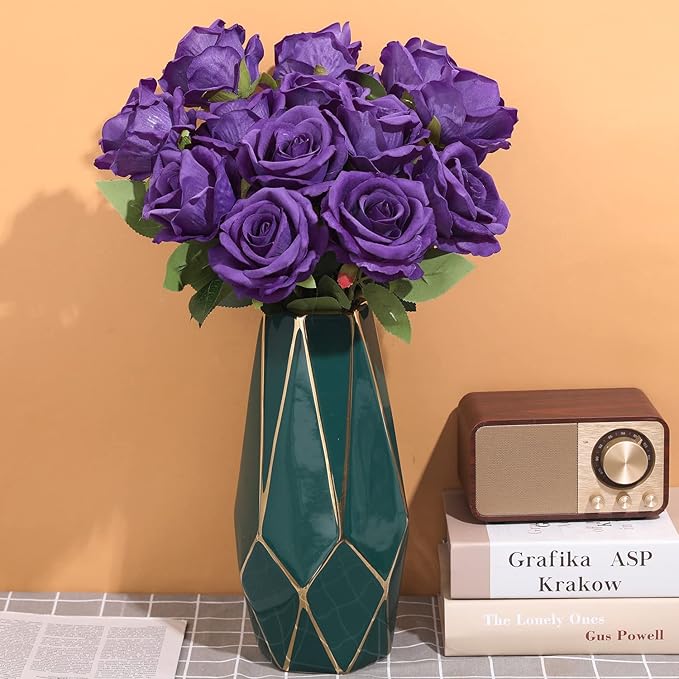 15Pcs Purple Roses Artificial Flowers Fake Roses Long Stem Velet Rose Silk Flowers for Home Wedding Decoration (Round Roses,Pure Purple)