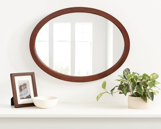 Kate and Laurel Hogan Mid-Century Oval Framed Wall Mirror; 18 x 24; Dark Walnut; Decorative Modern Wood Mirror with Soft Curvature and Oval Shape