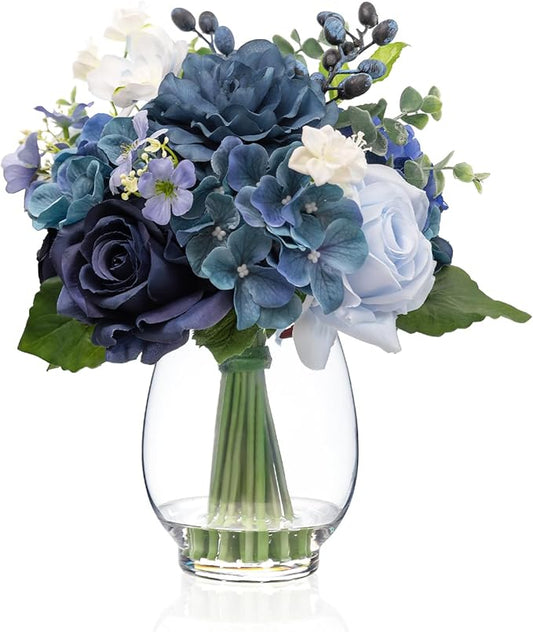 WELL KNOWN Fake Flowers in Vase with Fake Water, Realistic Faux Silk Blue Rose Hydrangea Artificial Flowers Indoor Arrangements Centerpiece for Coffee Table Wedding Party Fall Home Decor (Navy Blue)