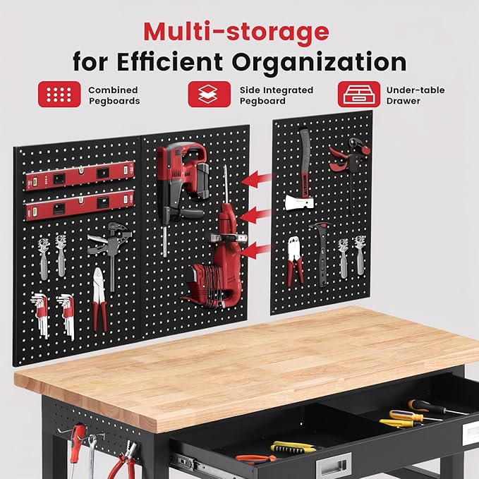 Work Bench with Storage Adjustable Workbenches with Drawer for Garage 48 Inch Rubber Wood Top Garage Workbench with Pegboard, Power Outlets for Woodworking,Home, Office, Workshop