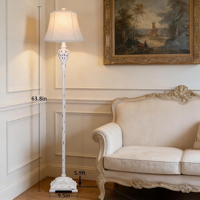 Sucolite Vintage Floor Lamp for Living Room, Traditional Farmhouse Tall Standing Lamp, Mid-Century Antique Pole Lamp for Bedroom Reading with Off-White Linen Shade, Rustic Lighting Home Decor