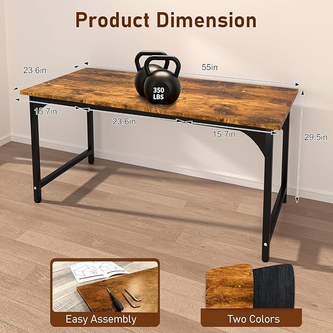55'' Computer Desk with Deeper Desktop, Home Office Desk Workstation with Sturdy Metal Frame, Modern Simple Desk for Gaming Studying Writing, Rustic Brown