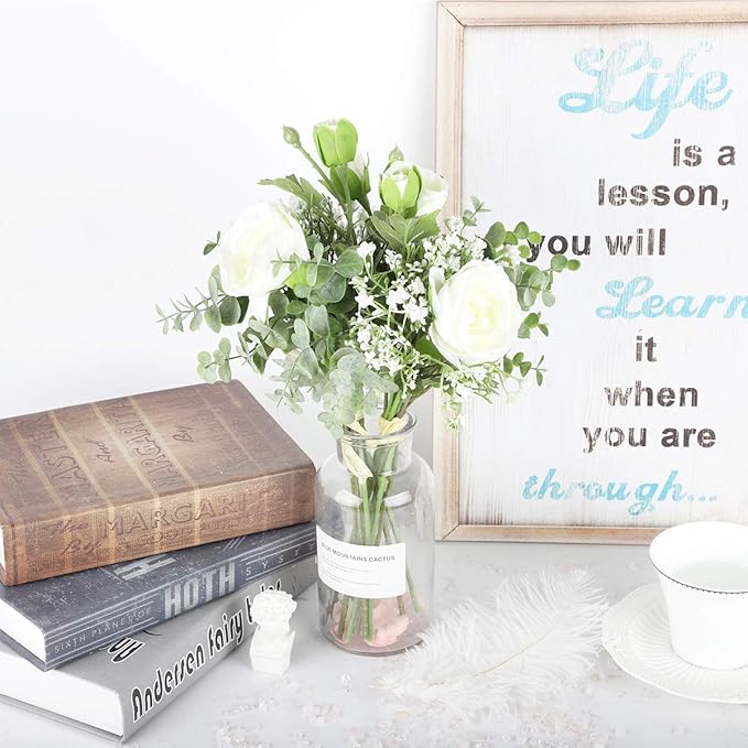 famibay Artificial Flowers 2 Pack White Artificial Roses with Stems Baby Breath for DIY Bouquets Wedding Centerpieces Party Table Decoration Home