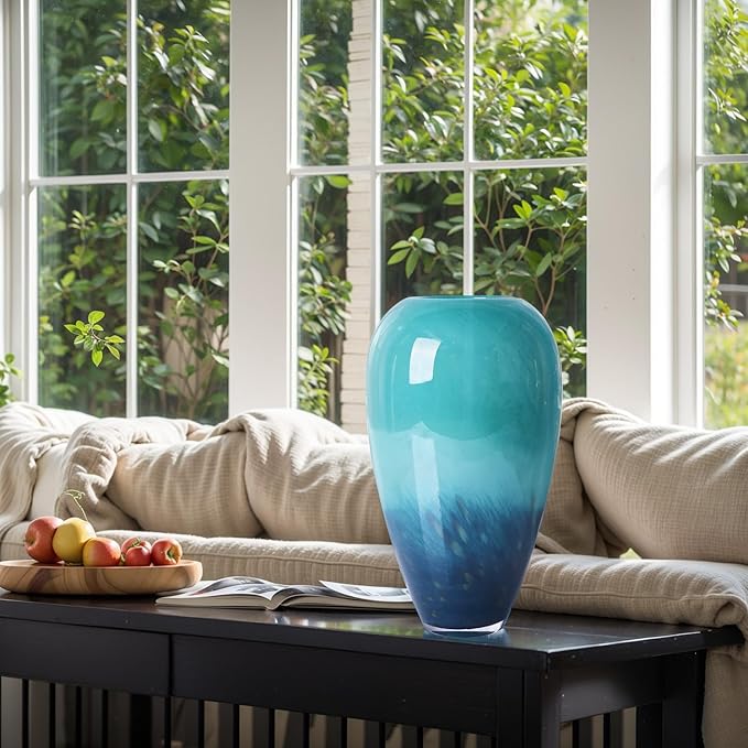 11" Tall Teal Glass Vase for Flowers, Hand Blown Gradient Decorative Vase for Home Decor, Centerpiece, Dining Table, Shelf, Mantel, Bathroom, Entryway, Countertop, Gift for Friends