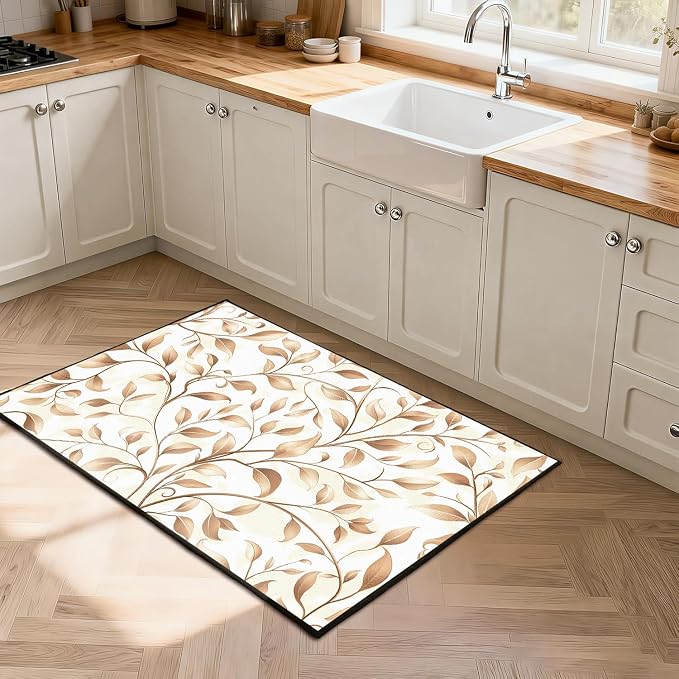 Botanical Leaf Vine Area Rug Beige Floral Branch Print Rug for Bedroom Living Room Kitchen Nursery Playroom Home Decor Non-Slip Washable Floor Mat Modern Farmhouse Carpet,5'x7'