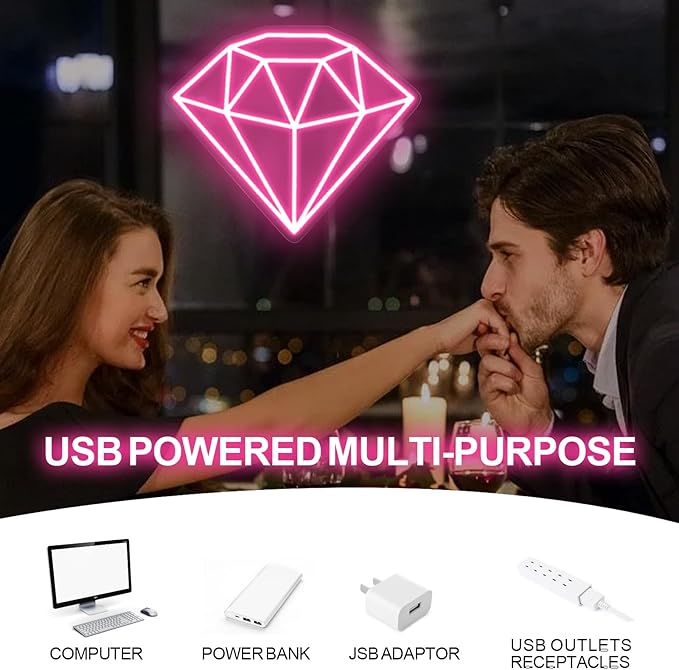 Diamond Neon Sign for Wall Decoration, Glowing Neon Sign, Adjustable Brightness Shining LED Sign Night Light for Man Cave Bedroom, Wedding, Living Room, Party, Bar, Office Decoration-Pink