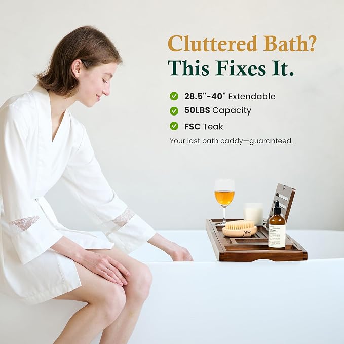 Teak Bathtub Tray, Bath Caddy with Wine Glass Holder, Phone Dock & Book Stand | Hands-Free Reading & Ultimate Spa Relaxation Experience-Brown