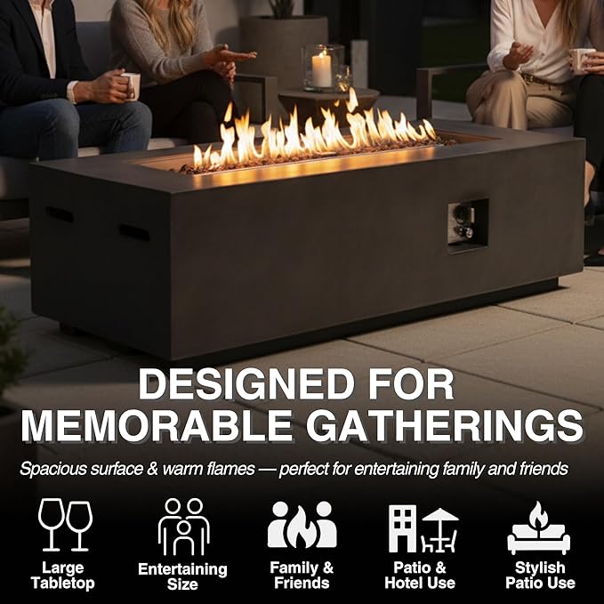 HillAethel 60-Inch Rectangular Propane Fire Pit Table, 60,000 BTU Concrete Outdoor Gas Fire Pit Table with Waterproof Cover, Tank Seat, Free Lava Rocks, for Outside Patio Backyard, Dark Grey