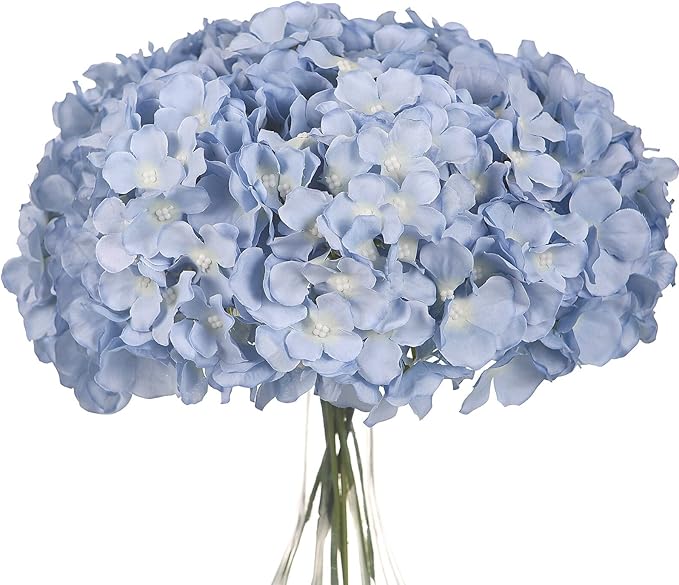 10PCS Artificial Hydrangea Flowers, Fake Hydrangea Silk Flowers Heads with Stems for Wedding Home Party Shop Baby Shower Decoration-Light Blue