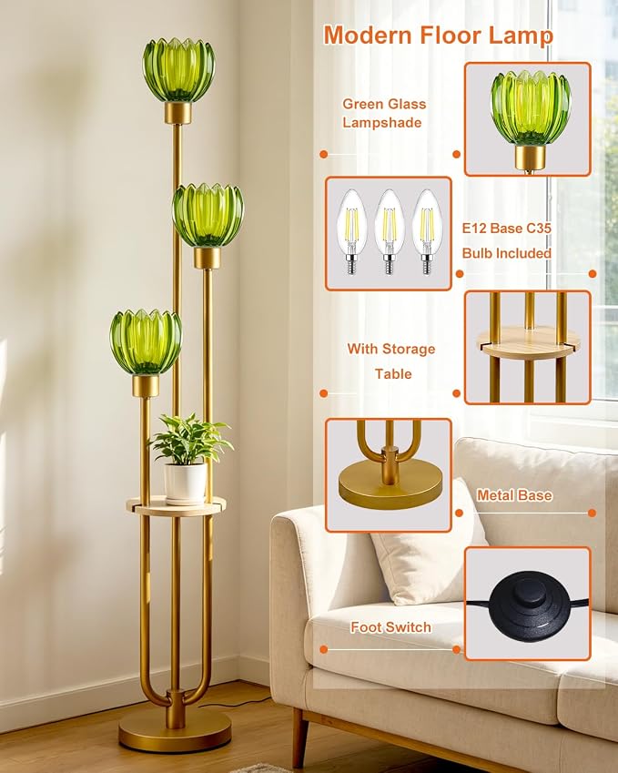 Lightdot 3-Lights Glass Floor Lamp for Living Room Modern Gold Floor Lamps with Lotus Green Glass Shade& Bulbs Included for Wedding/Party Tall Standing Lamp for Bedroom/Sofa Beside/Corner Decor