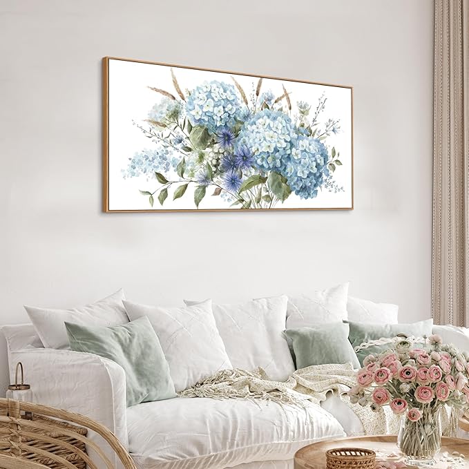 VEAEE Framed Flowers Canvas Wall Art - Blue Floral Canvas Pictures, Living Room Wall Decor, Blue Hydrangea Botanical Canvas Prints Painting Abstract Artwork Bedroom Office Home Decor 20"x 40"