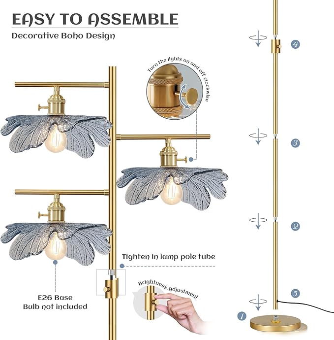 Gold Dimmable floor lamp ,tall lamp for living room corner ,mid century modern floor lamp Brass Tree Lamp Blue Glass Shade ,Standing Lamps vintage retro floor light for Bedroom corner Study Office